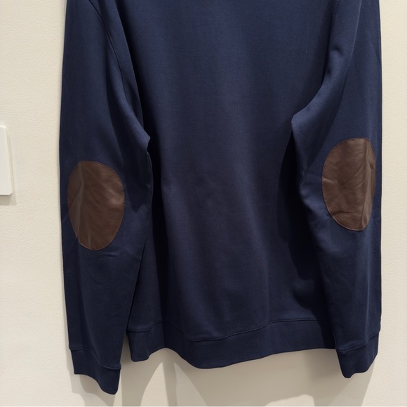 A.P.C. Navy Crewneck Sweatshirt w/ Brown Leather Elbow Patches Minimalist XL - Picture 3 of 8